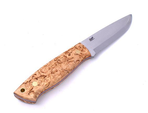 Brisa Trapper 95 con manico in legno di betulla riccio stabilizzato e lama in acciaio al carbonio scandi O1 con fodero bushcraft con selce