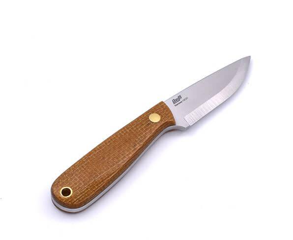 Brisa Necker 70 Scandi neck knife with mustard micarta handle and multiposition sheath