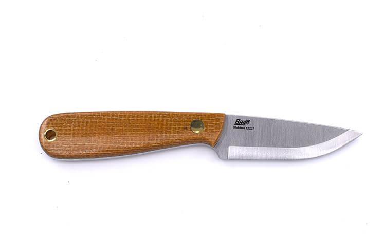 Brisa Necker 70 Scandi neck knife with mustard micarta handle and multiposition sheath