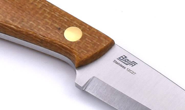 Brisa Necker 70 Scandi neck knife with mustard micarta handle and multiposition sheath