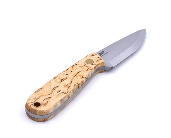 Coltello da collo Brisa Necker 70 Scandi con manico in legno di betulla riccio e fodero in pelle