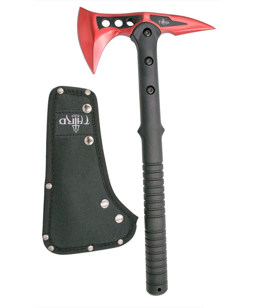 Hacha táctica negra y roja con hoja de acero 420