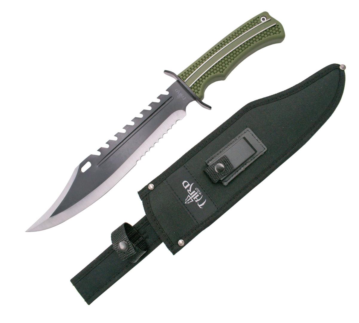 Cuchillo táctico con mango de ABS verde y piedra de afilar