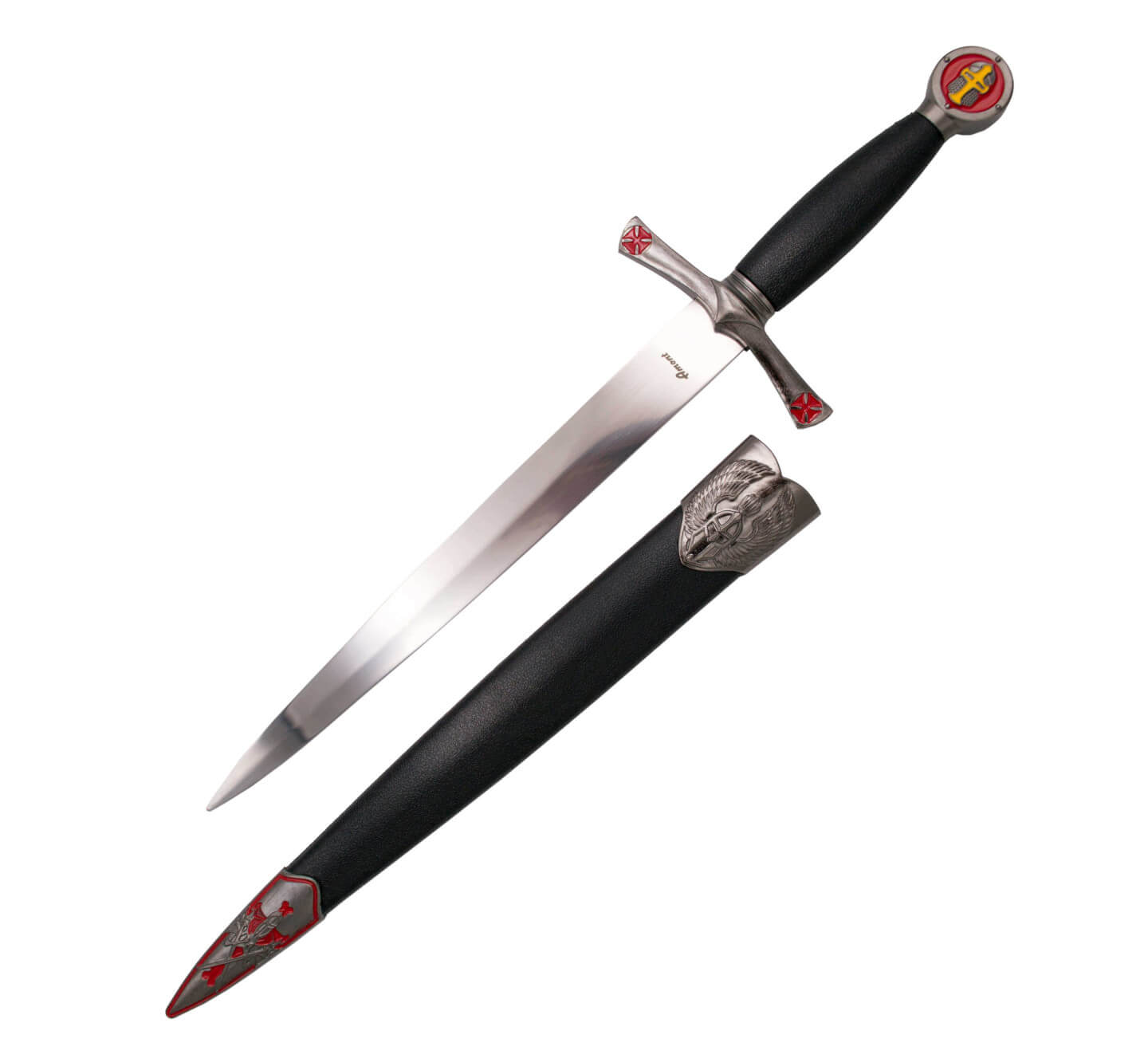 Daga antigua con puño negro y pomo y guarda en niquel