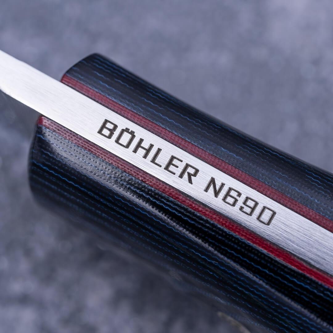 Muela Husky 10MB con hoja de acero Böhler N690 y mango de micarta azul y negra