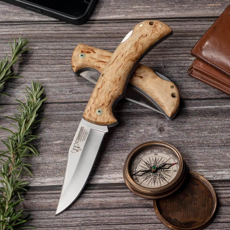 Navaja de caza con mango de madera de abedul y bloqueo trasero