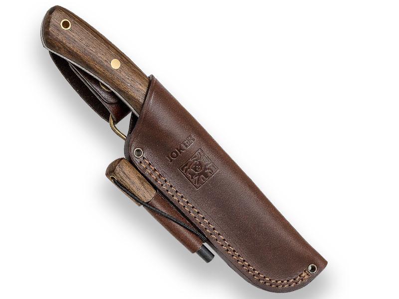 Coltello Joker Nessmuk S bushcraft con manico in legno di noce con pietra focaia