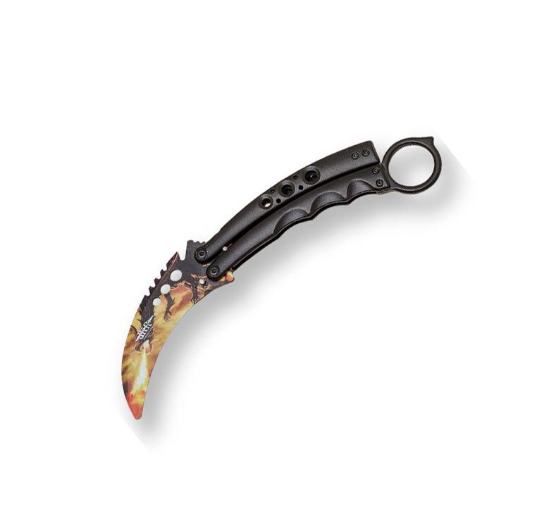 Navaja mariposa karambit de entrenamiento con dragón en la hoja