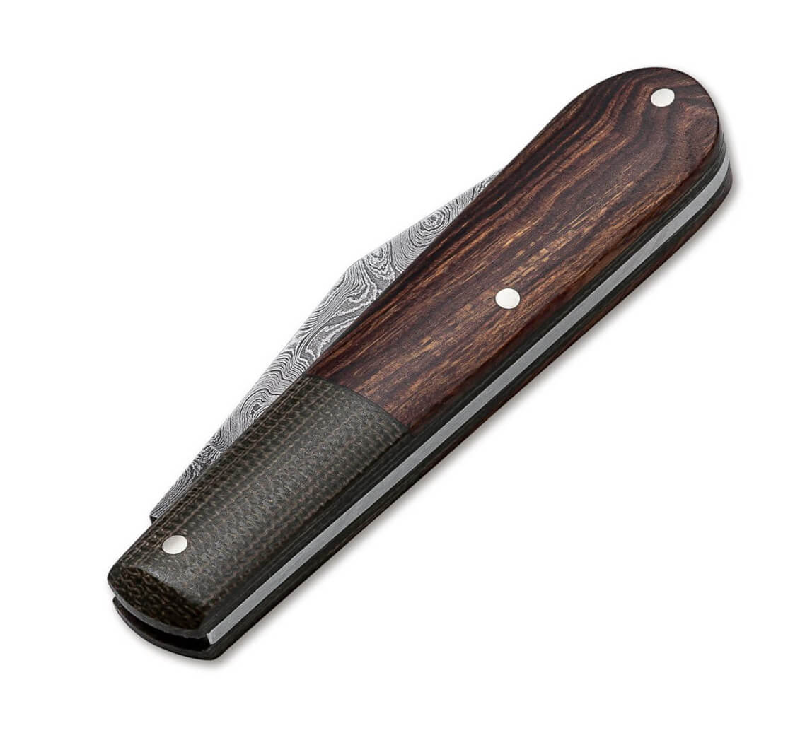 Coltellino tascabile Boker Barlow Integral Leopard-Damast con lama in damasco e manico in legno del deserto