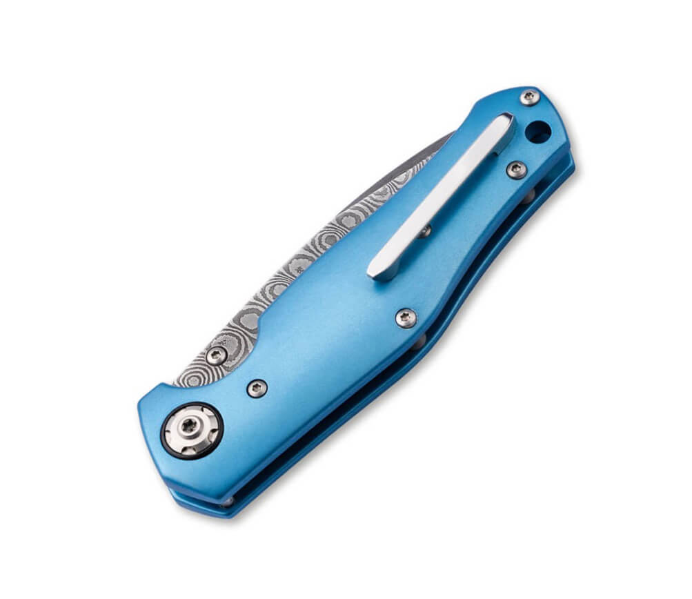 Coltellino tascabile Boker 1969 Z28-Damast con lama in damasco e manico in alluminio blu