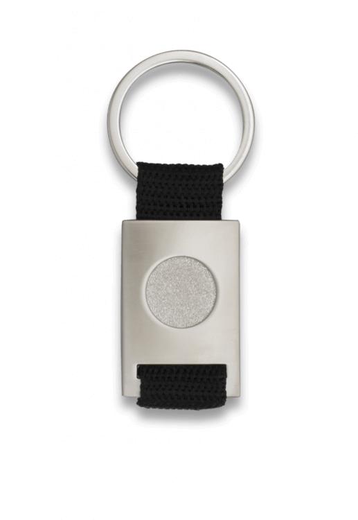 Chrome plated rectangle shaped keychain with black ribbon