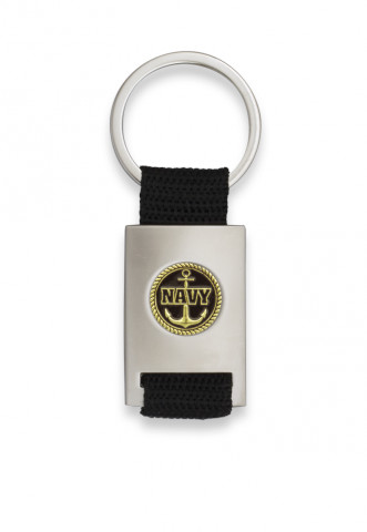 Chrome plated rectangle shaped keychain with black ribbon