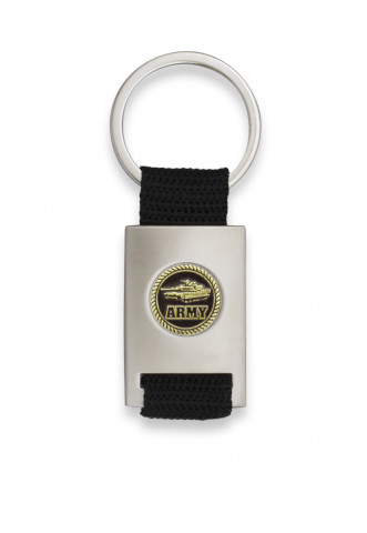Chrome plated rectangle shaped keychain with black ribbon