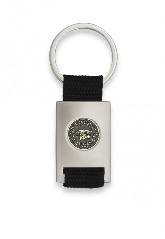 Chrome plated rectangle shaped keychain with black ribbon