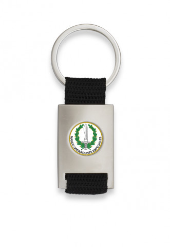 Chrome plated rectangle shaped keychain with black ribbon