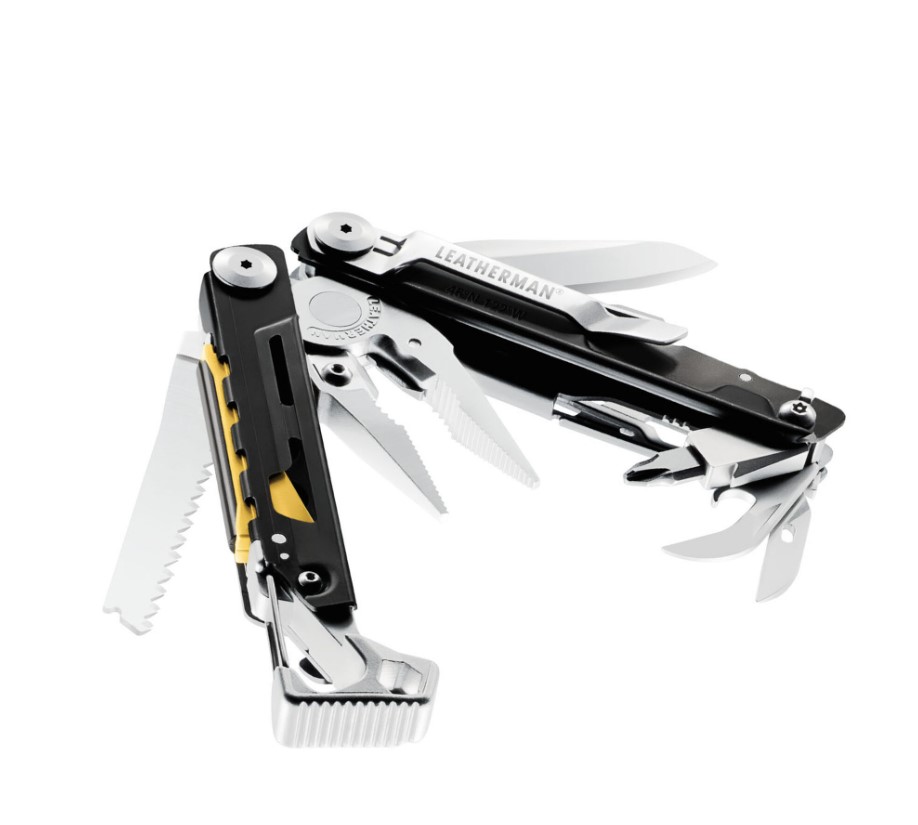 Leatherman Signal multitool with black handle and stainless steel tools with 19 uses