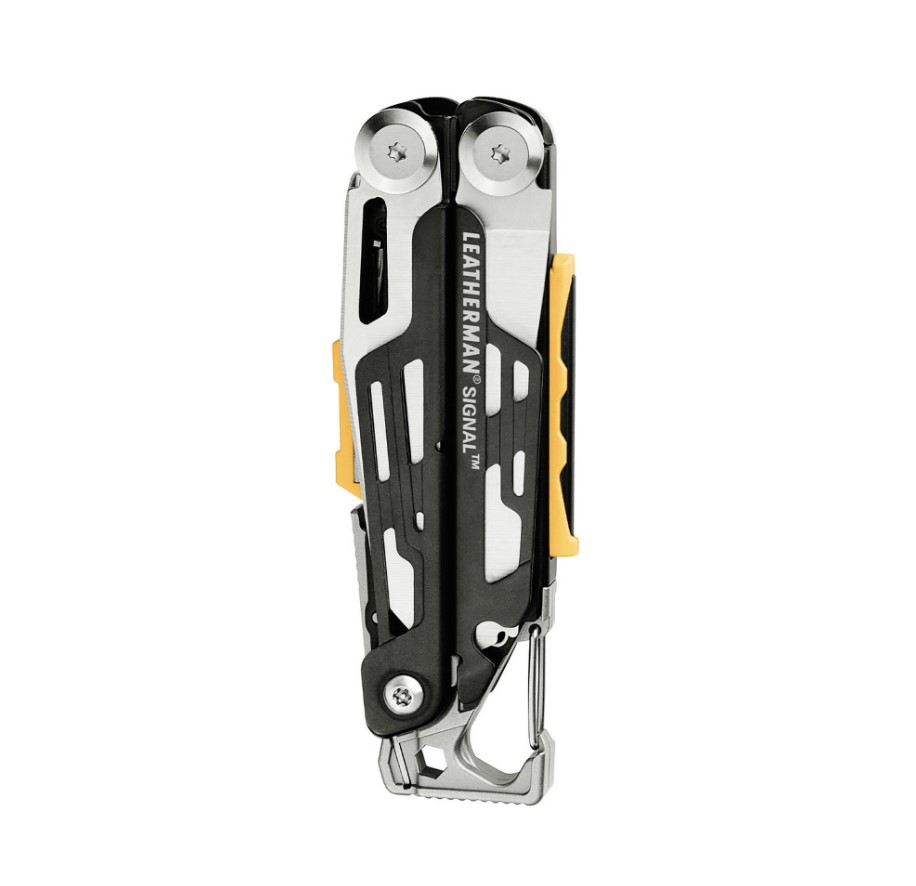 Leatherman Signal multitool with black handle and stainless steel tools with 19 uses