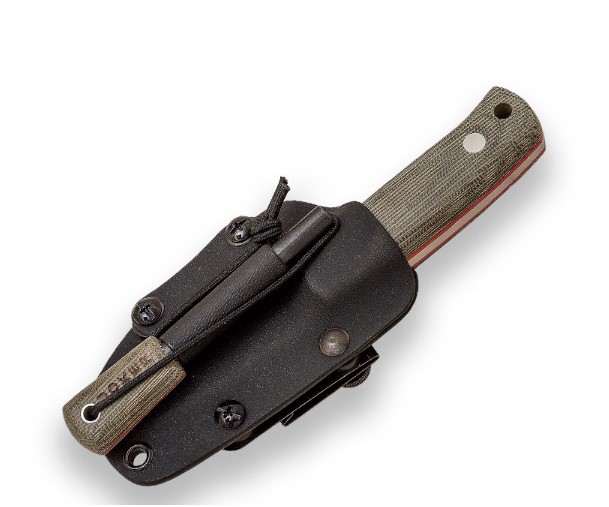 Cuchillo enterizo Erizo TS1 con mango de micarta canvas y funda de kydex con firesteel