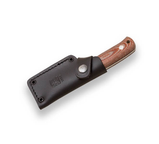 Cuchillo enterizo Erizo TS1 con mango de micarta marrón y funda de cuero