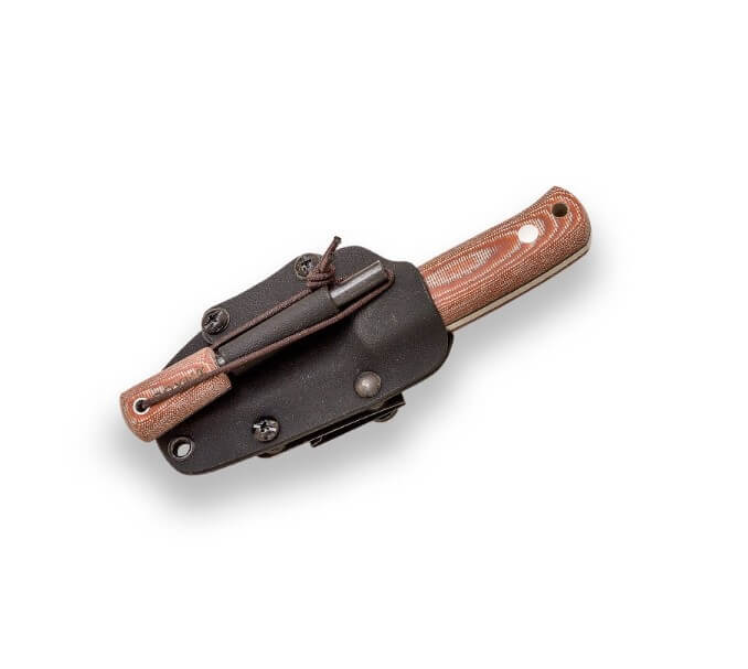 Erizo TS1 full tang knife with brown micarta handle and kydex sheath with flint