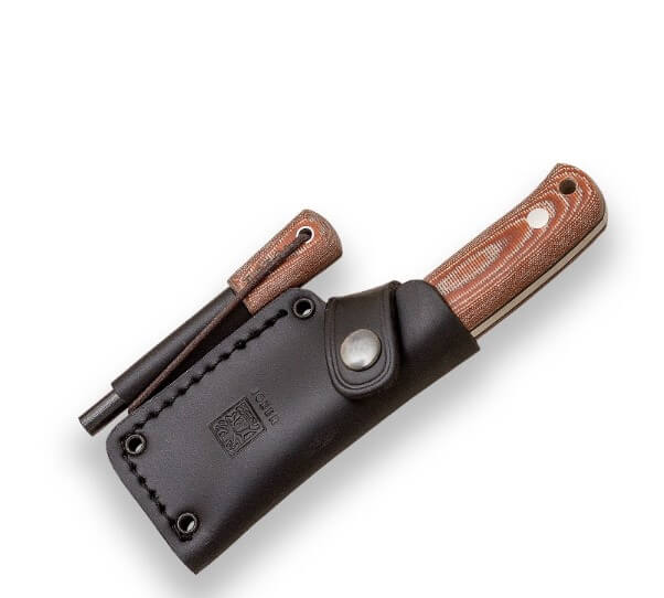 Erizo TS1 full tang knife with brown micarta handle and leather sheath with flint