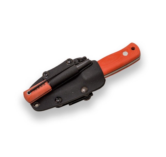 Cuchillo de supervivencia Joker Erizo TS1 con mango de micarta naranja y funda de kydex con pedernal