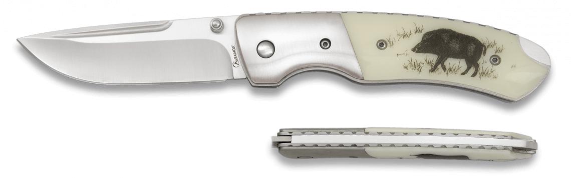 Navaja Albainox Deluxe Jabalí con mango ABS blanco, virola de ace...