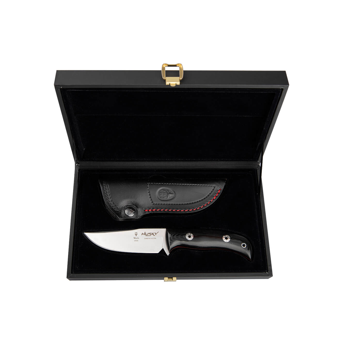 Cuchillo Muela Husky 11M.E con mango de micarta canvas azul y negra y estuche de presentación