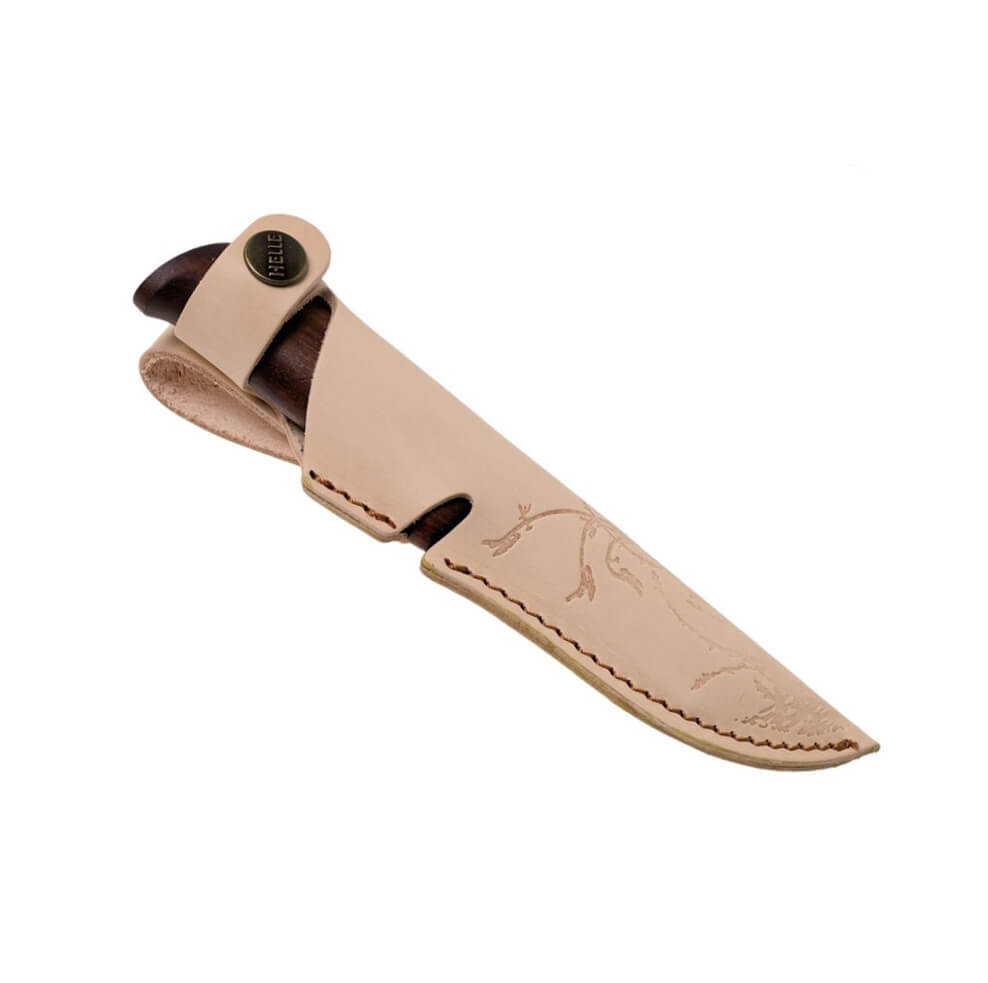 Cuchillo bushcraft Helle Spire 06 con mango de madera de abedul oscuro y hoja de 6.7 cm