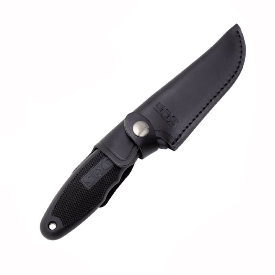 Cuchillo táctico SOG Field Pup I FP4-L con funda de cuero negro y hoja de acero 7Cr17MoV