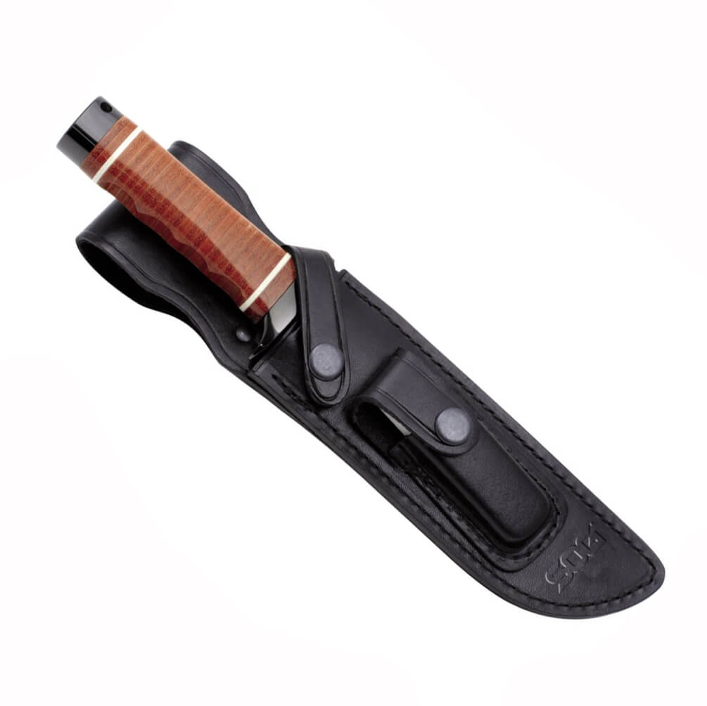 Cuchillo de caza SOG Bowie 2.0 S1T-L con funda de cuero negro y hoja de acero AUS-8