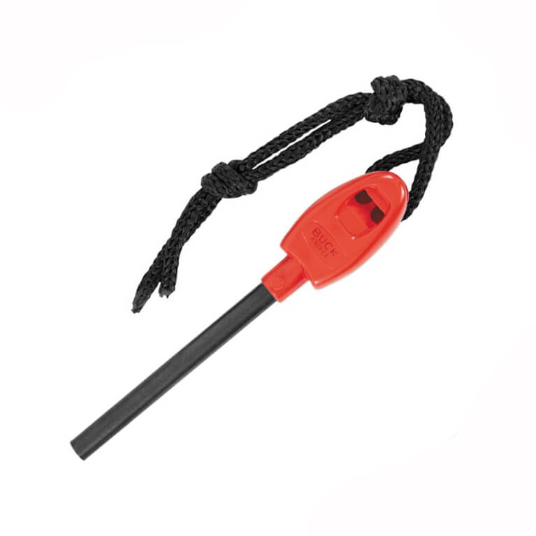 Cuchillo táctico Buck Selkirk con mango de micarta marrón y funda con pedernal