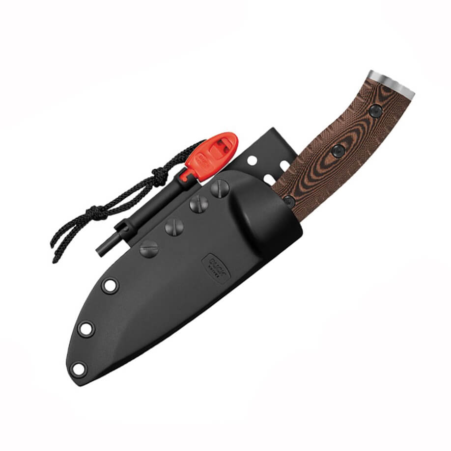 Cuchillo táctico Buck Selkirk con mango de micarta marrón y funda con pedernal