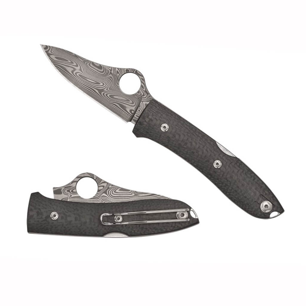 Navaja de bolsillo Spyderco Spyopera con hoja de acero damasco Thor y mango de fibra de carbono