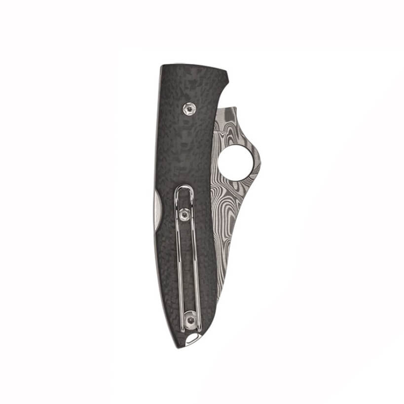 Navaja de bolsillo Spyderco Spyopera con hoja de acero damasco Thor y mango de fibra de carbono