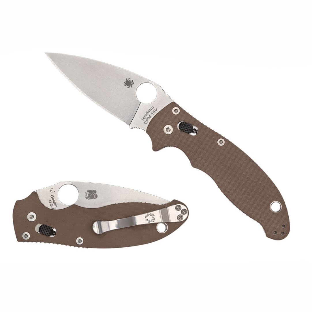 Coltello tascabile Spyderco Manix 2 con manico G-10 marrone e lama piatta in acciaio CPM-15V C101GPBN15V2
