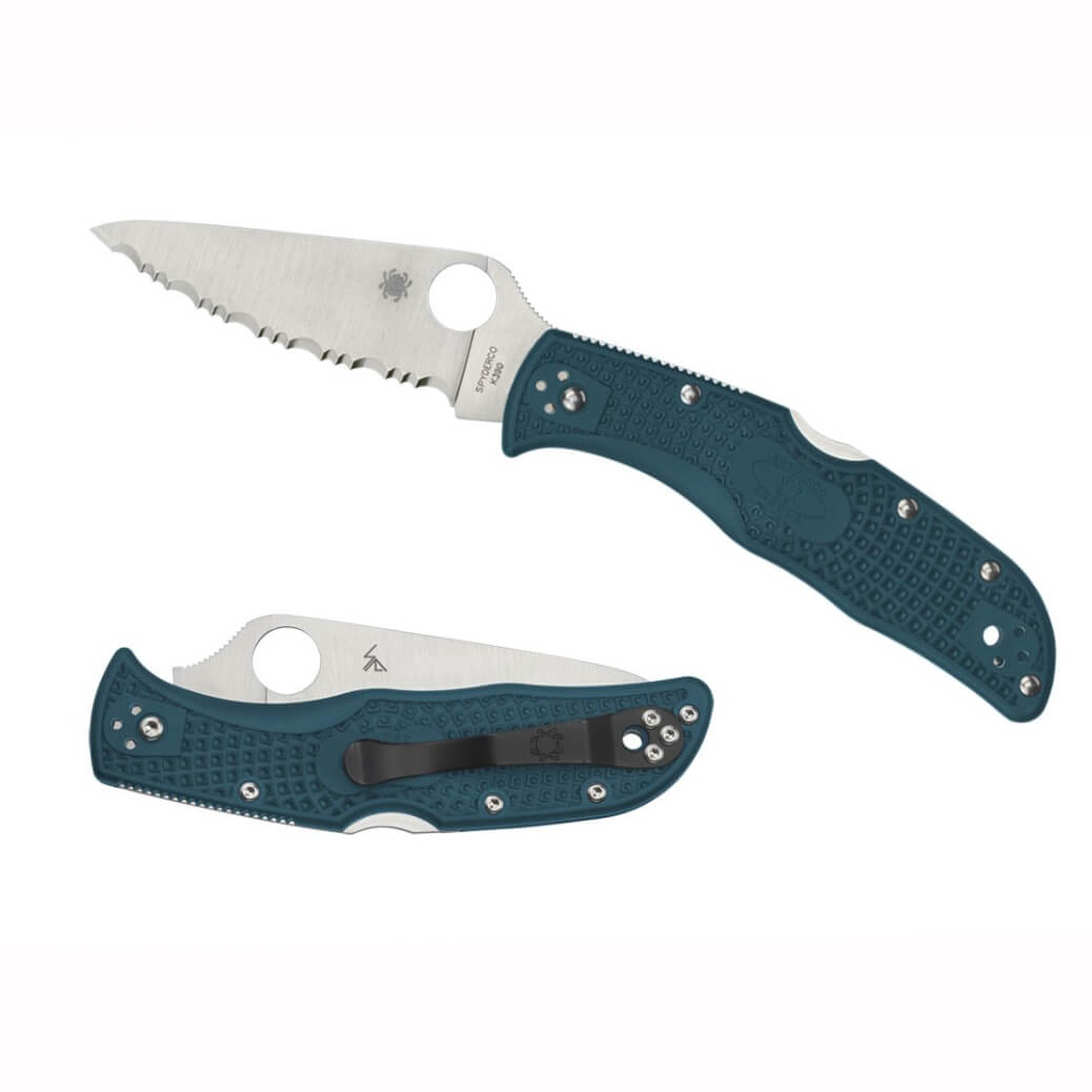 Navaja táctica Spyderco Endela con cachas de Nylon FRN azul y hoja de acero K390 dentada C243FSK390