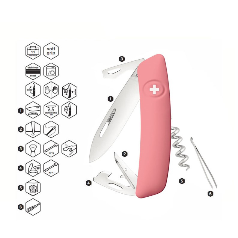 Couteau polyvalent Swiza D03 rose avec 11 fonctions