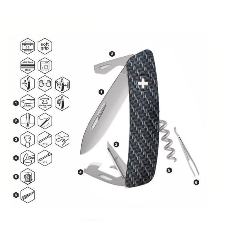 Navaja multiusos Swiza D03 imitación fibra de carbono Allmatt con 11 funciones