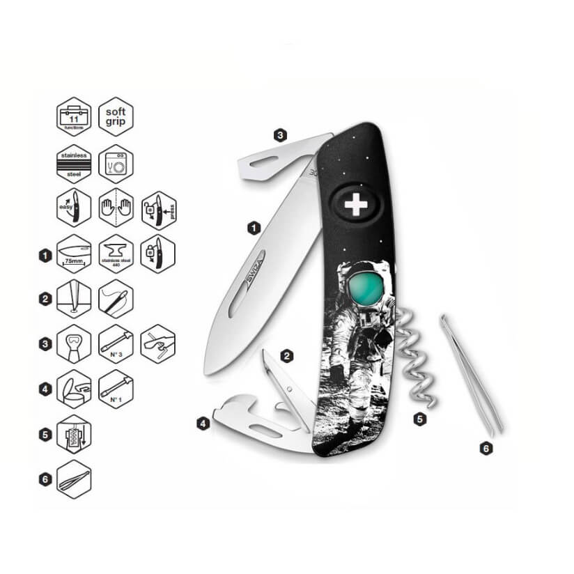 Faca multiuso preta Swiza D03 Moonwalk 50 com 11 funções