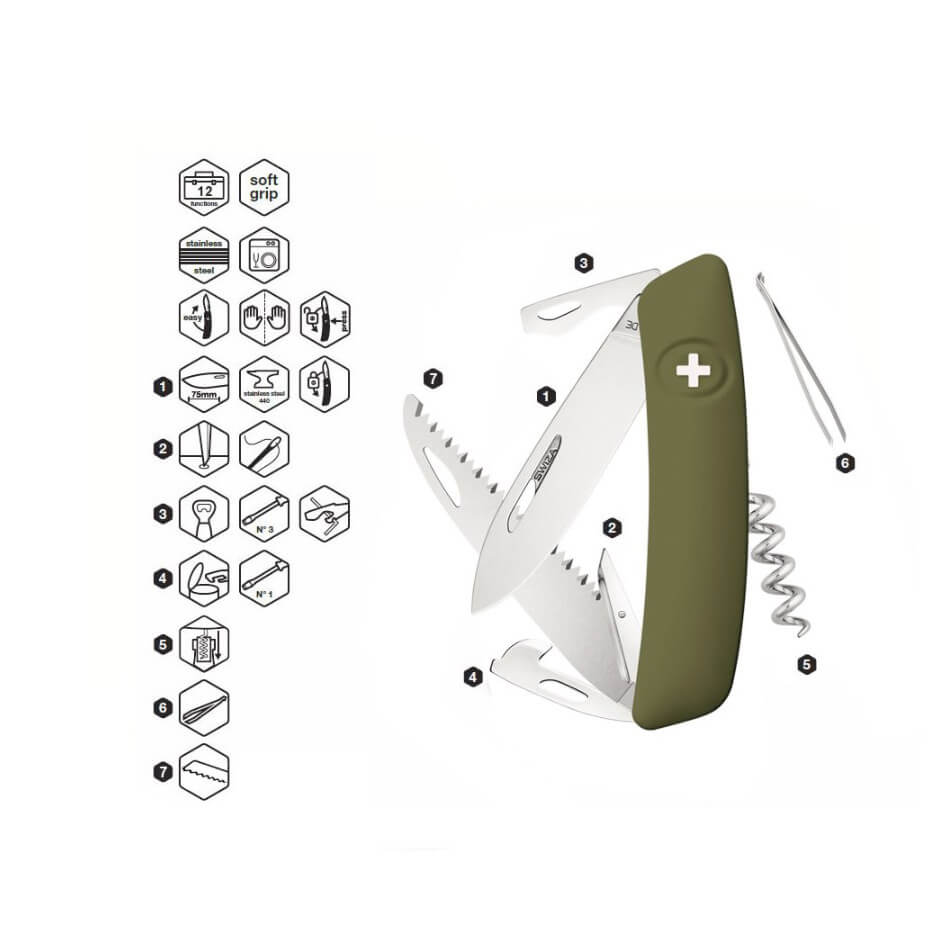 Faca multiuso Swiza D05 verde oliva com 12 funções KNI.0050.1050