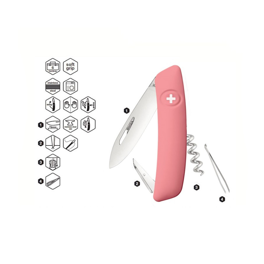 Navaja multiusos Swiza D01 rosa con 6 funciones KNI.0010.1910