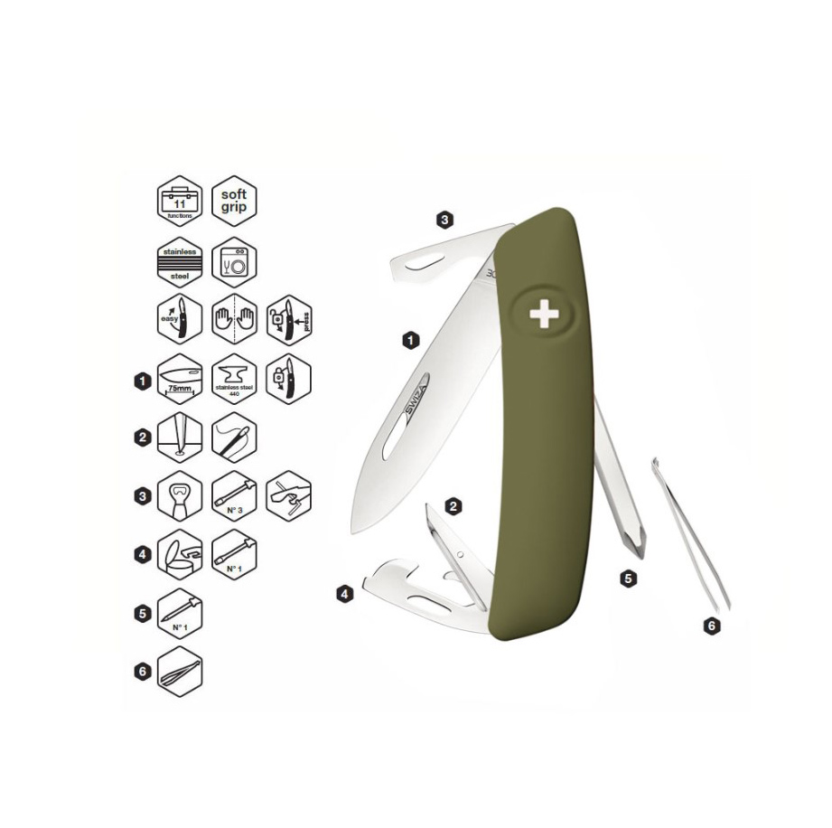 Navaja multiusos Swiza D04 verde oliva con 11 funciones KNI.0040.1050