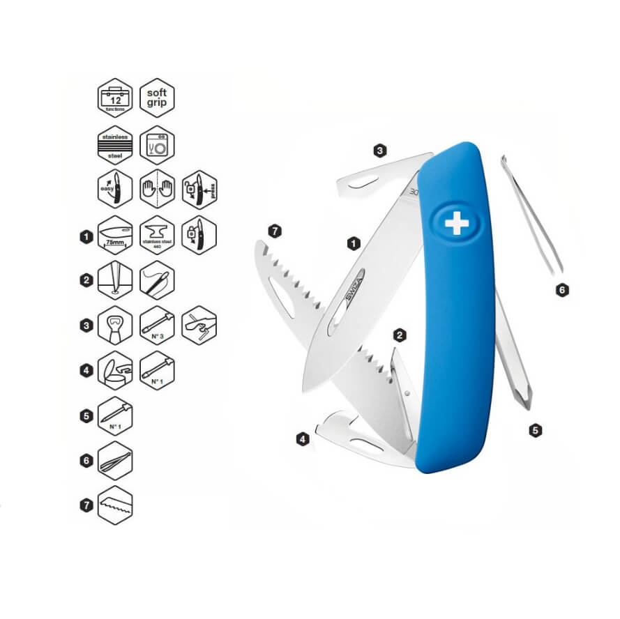 Navaja multiusos Swiza D06 azul con 12 funciones KNI.0060.1030