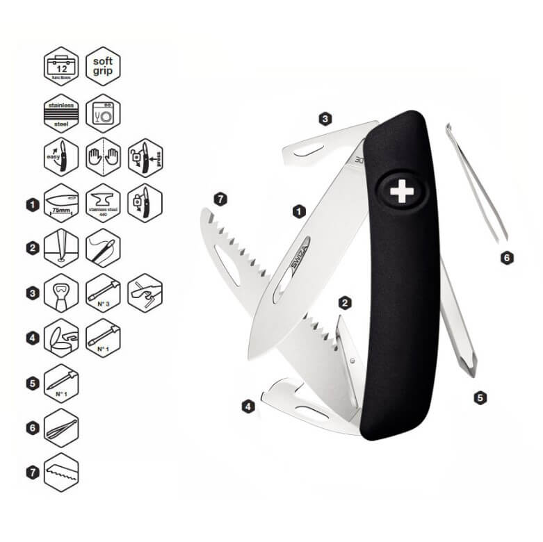 Coltello multiuso Swiza D06 nero con 12 funzioni KNI.0060.1010