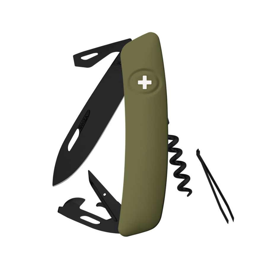 Navaja multiusos Swiza D03 AllBlack con mango verde oliva
