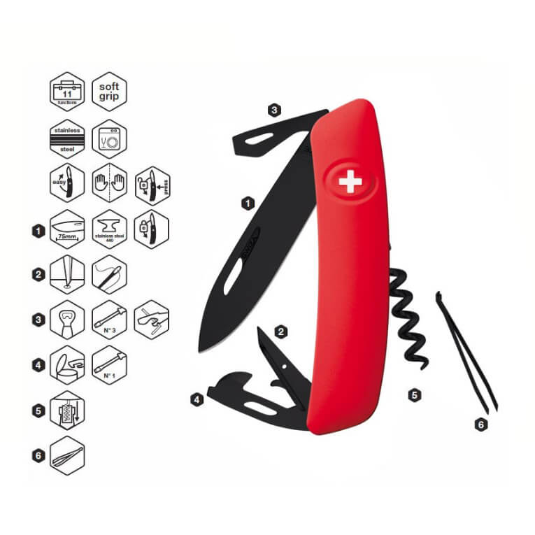 Navaja multiusos Swiza D03 AllBlack con mango rojo