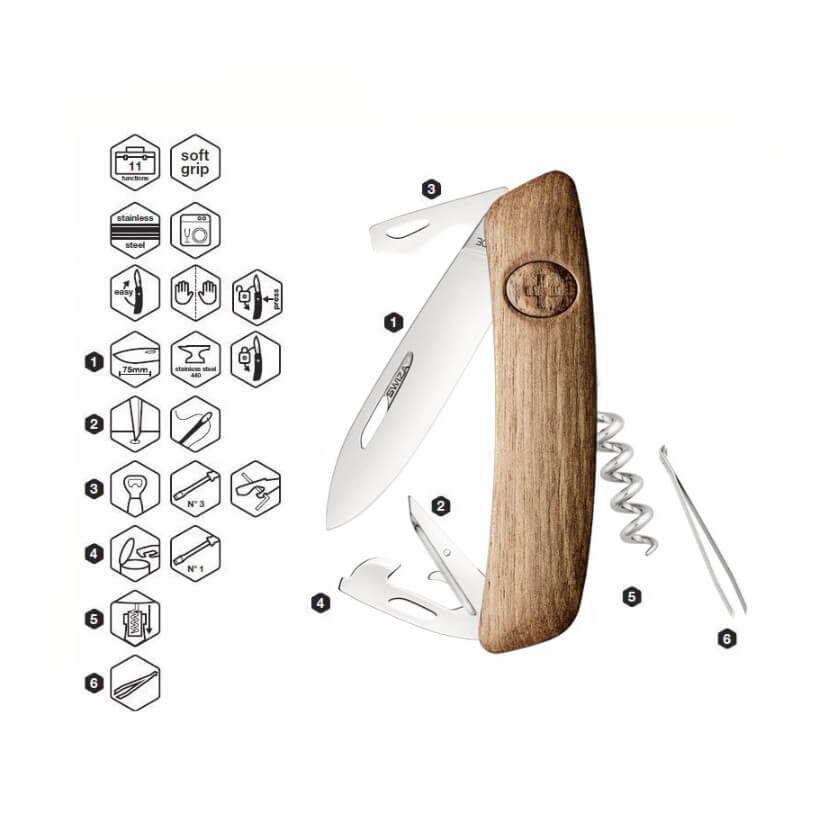 Coltello tascabile multiuso Swiza D03 con manico in legno di noce