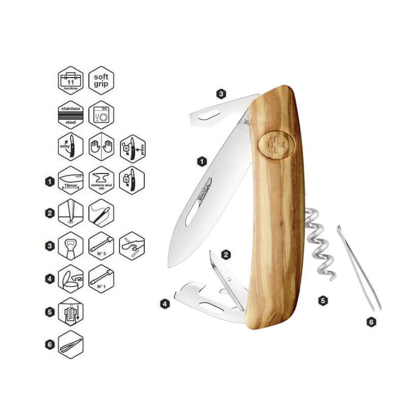 Swiza D03 multipurpose knife with olive wood handle