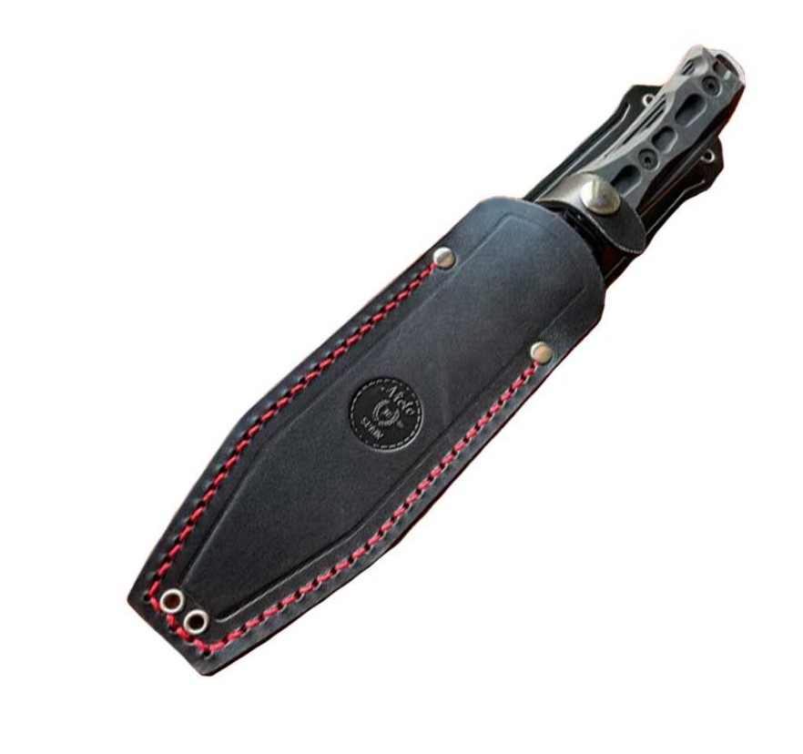 Faca tática Nieto Warfare com cabo de forprene preto e bainha de couro